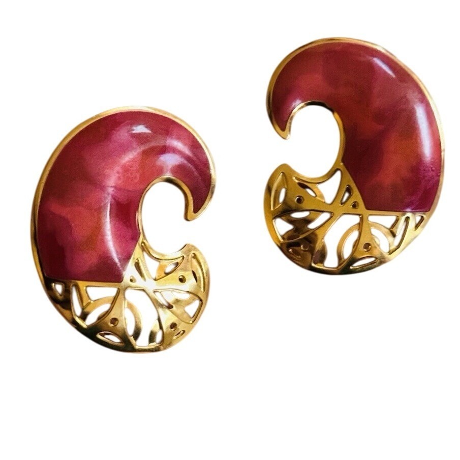 Edgar Berebi Signed Earrings Vtg Pierced Chunky Pink Statement Enamel Gold 80s